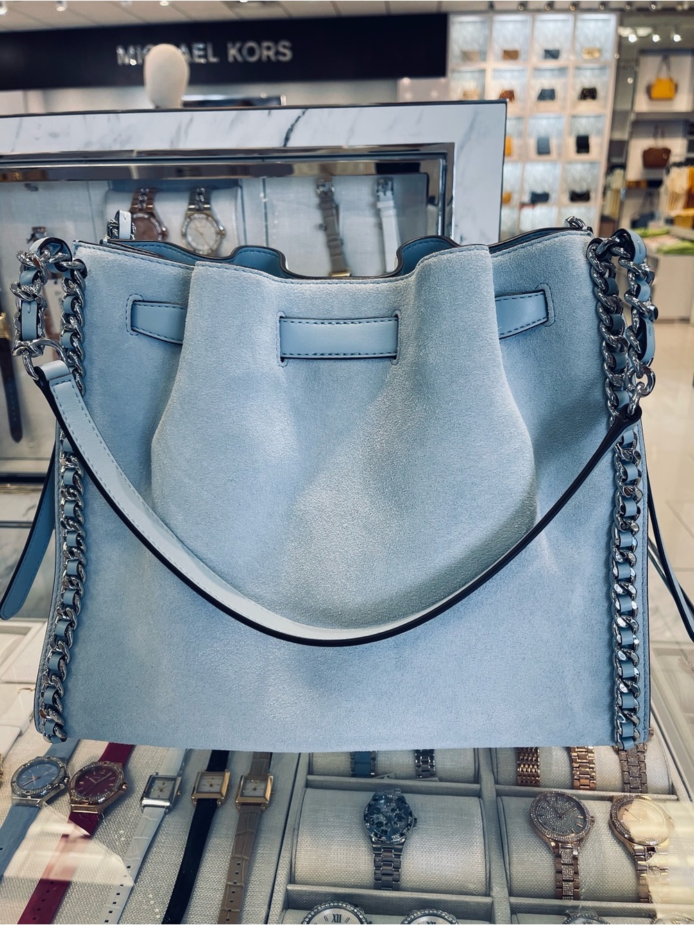 Michael Kors Mina Lg Suede Chain Shoulder Bag Pale Ocean Blue Leather NWT - Picture 12 of 16